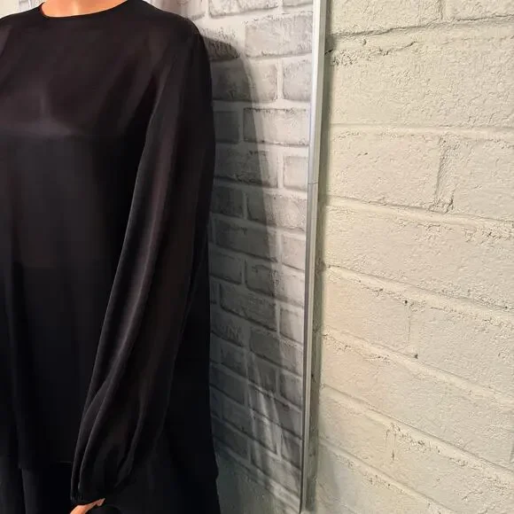 The Row SIlk Sheer Black Tie Open Back Top size XS Bishop Sleeves Tunic Length
